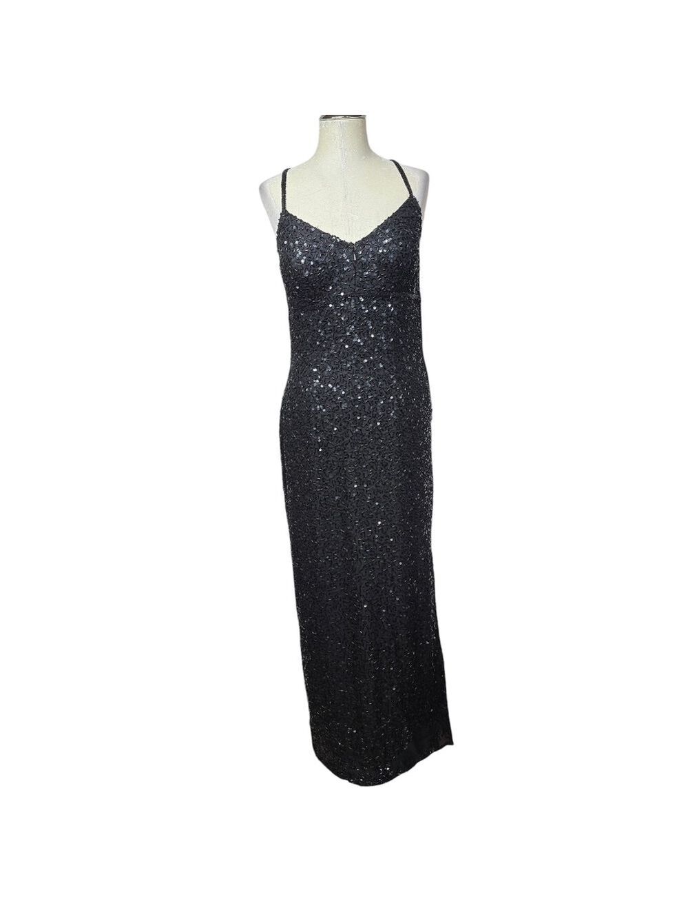 Scala Black Sequin Beaded V Neck Maxi Front Zip Vintage Silk Slit Maxi Dress M